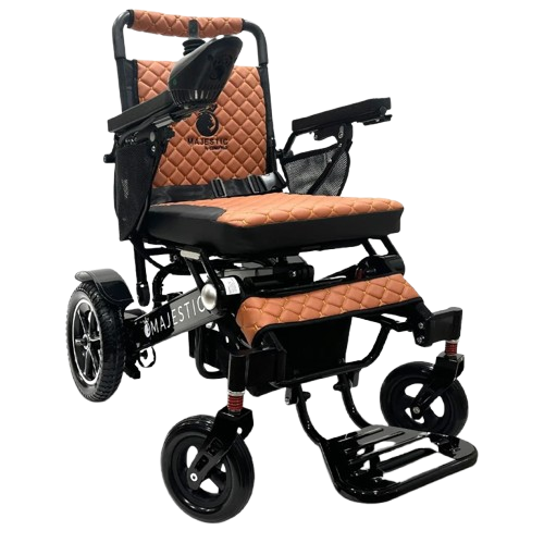 Front View Of The ComfyGo IQ 7000 Electric Wheelchair Shown With Taba Colored Cushions And Black Frame
