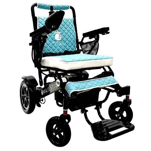 Front View Of The ComfyGo IQ 7000 Electric Wheelchair Shown With Teal Colored Cushions And Black Frame