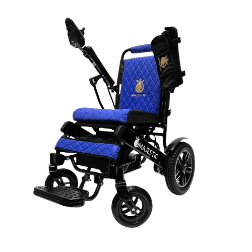 Front View Of The ComfyGo IQ 8000 Electric Wheelchair Shown In Blue Colored Cushions And Black Frame