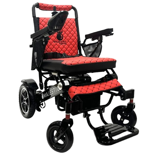 Front View Of The ComfyGo IQ 8000 Electric Wheelchair Shown In Red Color With Black Frame