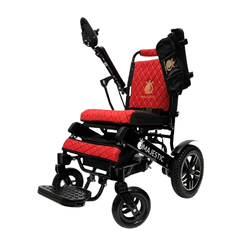 Front View Of The ComfyGo IQ 8000 Electric Wheelchair Shown In Red Colored Cushions And Black Frame