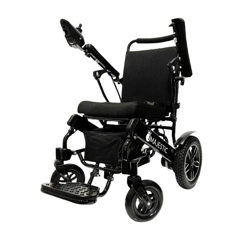 Front View Of The ComfyGo IQ 8000 Electric Wheelchair Shown In Standard Colored Cushions And Black Frame With Raised Armrests