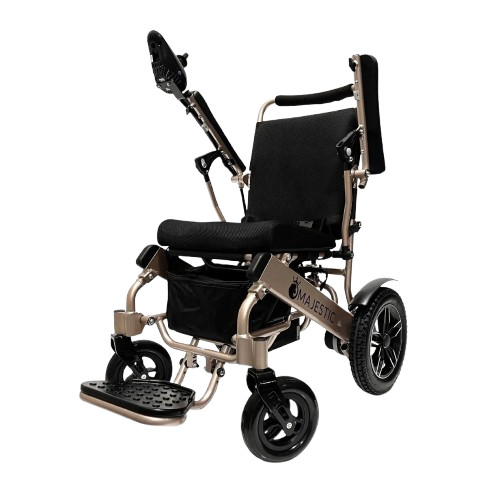 Front View Of The ComfyGo IQ 8000 Electric Wheelchair Shown In Standard Colored Cushions And Bronze Frame