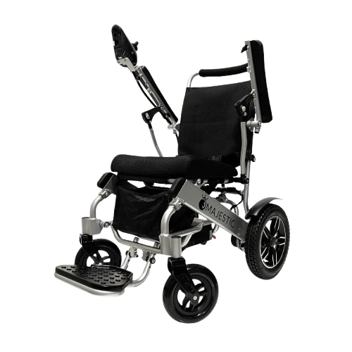 Front View Of The ComfyGo IQ 8000 Electric Wheelchair Shown In Standard Colored Cushions And Silver Frame