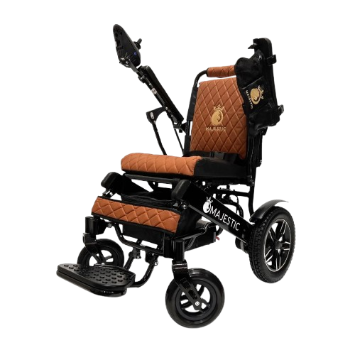 Front View Of The ComfyGo IQ 8000 Electric Wheelchair Shown In Taba Colored Cushions And Black Frame