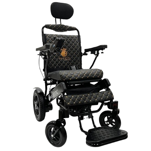 Front View Of The ComfyGo IQ 9000 Electric Wheelchair Shown In Black Colored Cushions And Black Frame