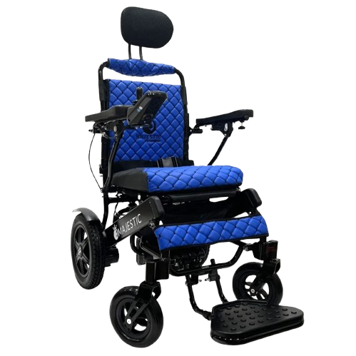 Front View Of The ComfyGo IQ 9000 Electric Wheelchair Shown In Blue Colored Cushions And Black Frame