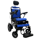 Front View Of The ComfyGo IQ 9000 Electric Wheelchair Shown In Blue Colored Cushions And Black Frame