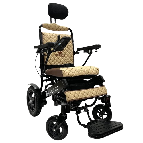 Front View Of The ComfyGo IQ 9000 Electric Wheelchair Shown In Coffee Colored Cushions And Black Frame