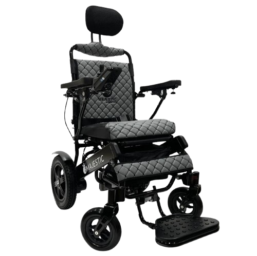 Front View Of The ComfyGo IQ 9000 Electric Wheelchair Shown In Gray Colored Cushions And Black Frame