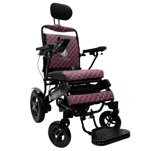 Front View Of The ComfyGo IQ 9000 Electric Wheelchair Shown In Purple Colored Cushions And Black Frame