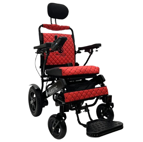 Front View Of The ComfyGo IQ 9000 Electric Wheelchair Shown In Red Colored Cushions And Black Frame