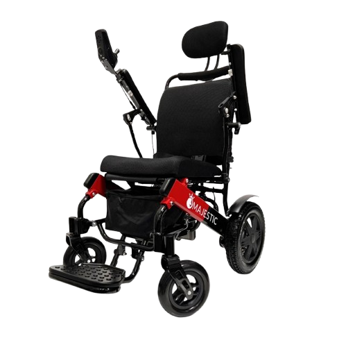 Front View Of The ComfyGo IQ 9000 Electric Wheelchair Shown In Standard Colored Cushions And Black And Red Frame With Raised Armrests