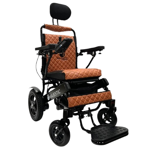 Front View Of The ComfyGo IQ 9000 Electric Wheelchair Shown In Taba Colored Cushions And Black Frame