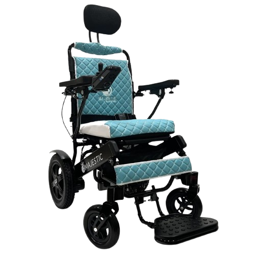 Front View Of The ComfyGo IQ 9000 Electric Wheelchair Shown In Teal Colored Cushions And Black Frame