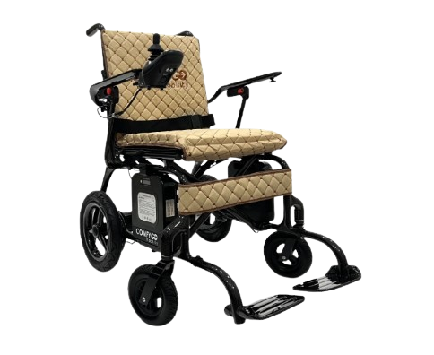 Front View Of The ComfyGo Phoenix Carbon Fiber Electric Wheelchair In Coffee Color