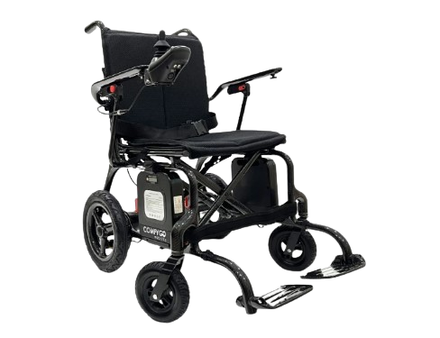 Front View Of The ComfyGo Phoenix Carbon Fiber Electric Wheelchair In Standard Black Color