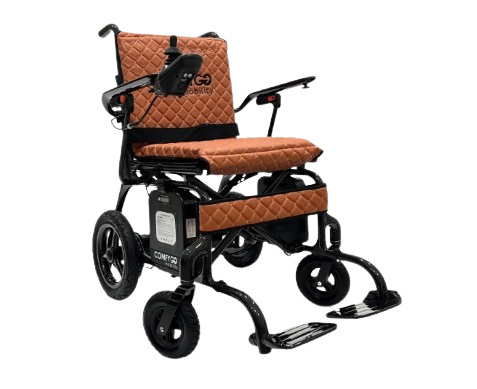 Front View Of The ComfyGo Phoenix Carbon Fiber Electric Wheelchair In Taba Color