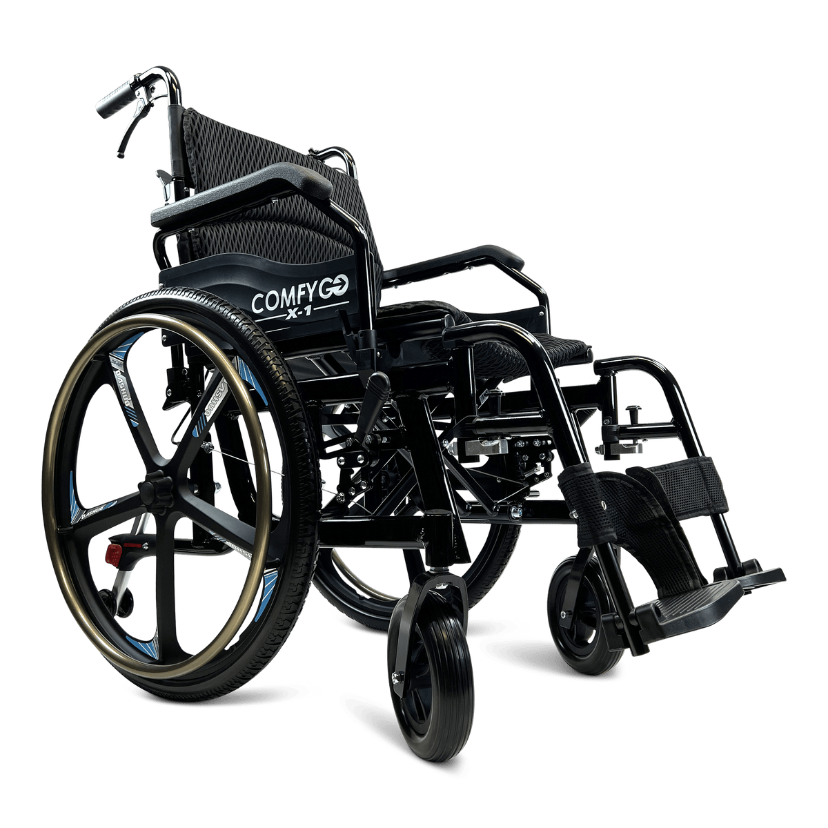 Front View Of The ComfyGo X1 Wheelchair Shown In Black Frame Color And Special Edition Model