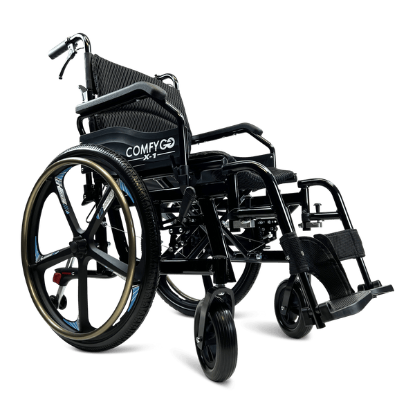 Front View Of The ComfyGo X1 Wheelchair Shown In Black Frame Color And Special Edition Model