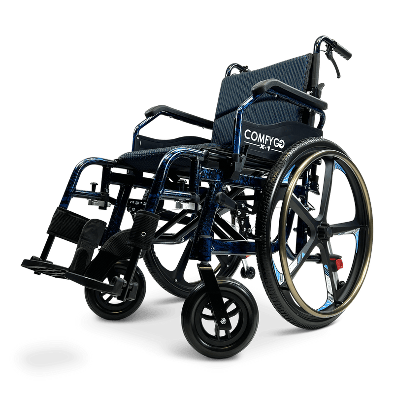 Front View Of The ComfyGo X1 Wheelchair Shown In Blue Frame Color And Special Edition Model