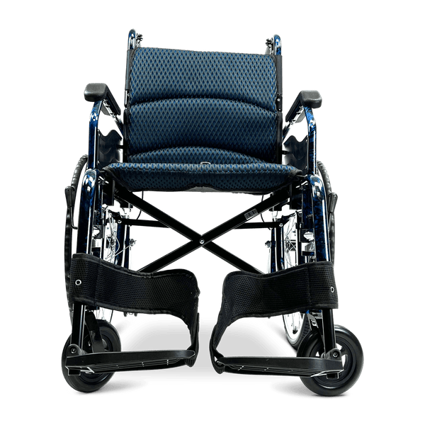 Front View Of The ComfyGo X1 Wheelchair Shown In Blue Frame Color And Standard Model
