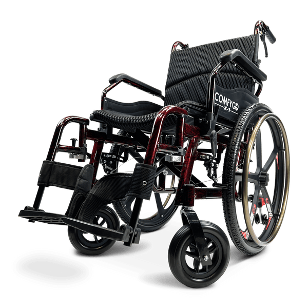 Front View Of The ComfyGo X1 Wheelchair Shown In Red Frame Color And Special Edition Model