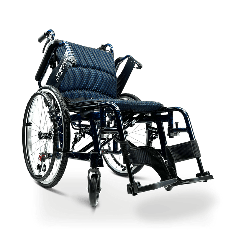 Front View Of The ComfyGo X1 Wheelchair With Raised Armrests Shown In Blue Frame Color And Standard Model