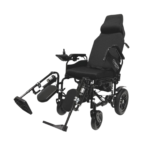 Front View Of The ComfyGo X9 Electric Wheelchair Shown In Black Colored Cushions