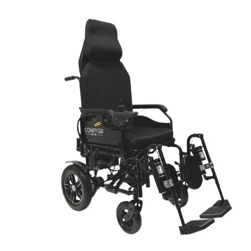Front View Of The ComfyGo X9 Electric Wheelchair Shown In Black Colored Cushions Right Side
