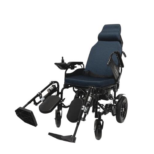 Front View Of The ComfyGo X9 Electric Wheelchair Shown In Blue Colored Cushions