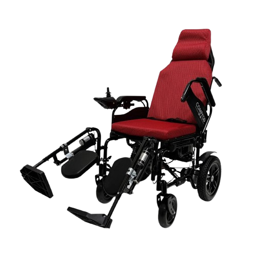 Front View Of The ComfyGo X9 Electric Wheelchair Shown In Red Colored Cushions