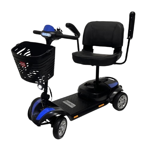 Front View Of The ComfyGo Z4 Mobility Scooter Shown In Blue Color With Raised Armrest