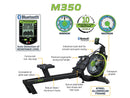 Front View Of The Dynamic Fluid Fitness M350 Rower Shown With Descriptions Of The Rower's Key Features