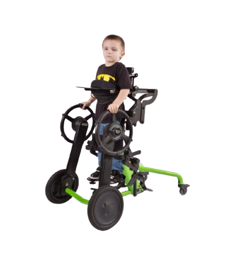 Front View Of The EasyStand Bantam Small Standing Frame Shown In Green Color And Moderate Support Package Mobile Version With Child Using The Device
