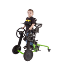 Front View Of The EasyStand Bantam Small Standing Frame Shown In Green Color And Moderate Support Package Mobile Version With Child Using The Device