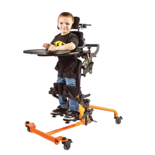 Front View Of The EasyStand Bantam Small Standing Frame Shown In Orange Color With Child Using The Device