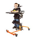 Front View Of The EasyStand Bantam Small Standing Frame Shown In Orange Color With Child Using The Device