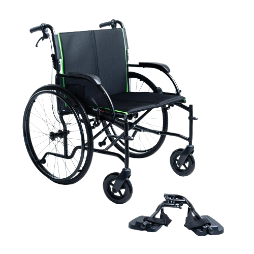 Front View Of The Feather Heavy Duty Wheelchair Shown With Swingaway Leg Rests On The Ground
