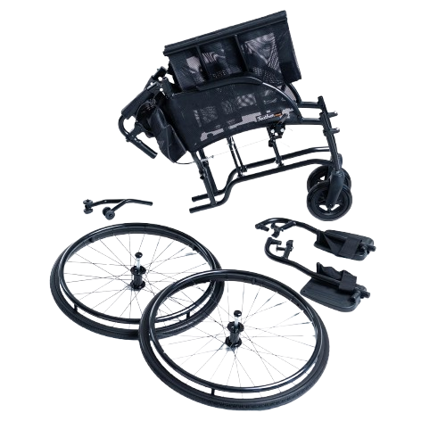 Front View Of The Feather Heavy Duty Wheelchair With Attachments On The Ground