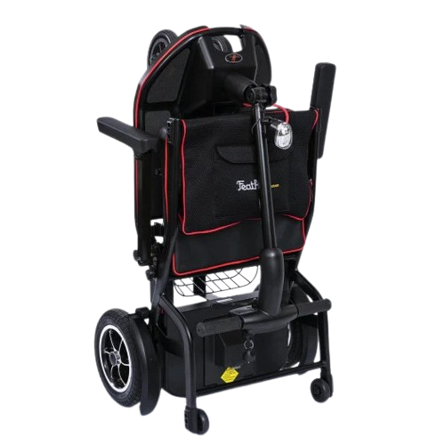 Front View Of The Feather Mobility Scooter Standing Up In The Folded Position