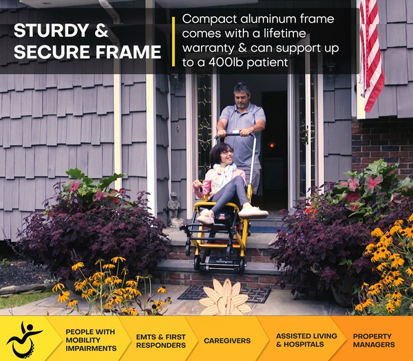 Front View Of The Genesis Mobile Stairlift Moving Down The Steps Of A Front Porch Of A Residential House