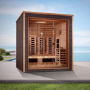 Front View Of The Golden Designs Visby 3-Person Hybrid Outdoor Sauna | GDI-8223-01 Shown In An Outdoor Setting