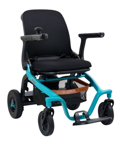 Front View Of The Golden Technologies Ally Electric Wheelchair Shown In Teal Color 