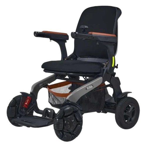 Front View Of The Golden Technologies Ally Pro Omnidirectional Electric Wheelchair Left Side Shown In Gray Color