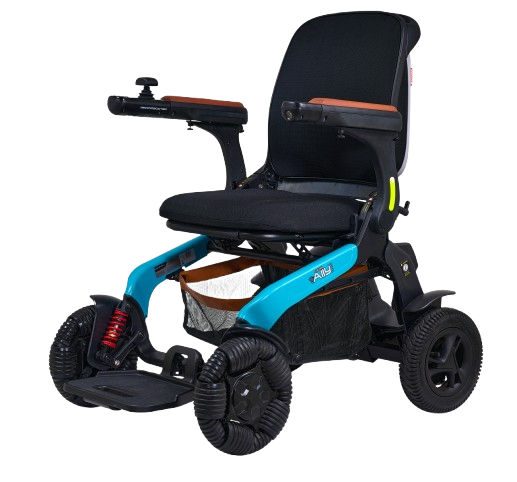 Front View Of The Golden Technologies Ally Pro Omnidirectional Electric Wheelchair Left Side Shown In Teal Color
