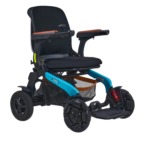 Front View Of The Golden Technologies Ally Pro Omnidirectional Electric Wheelchair Right Side Shown In Teal Color