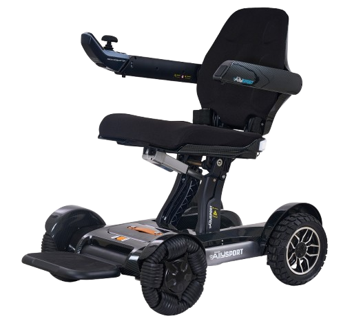 Front View Of The Golden Technologies Ally Sport Omnidirectional Electric Wheelchair Left Side Shown In Carbon Fiber Color