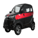 Front View Of The Green Transporter Q Express Enclosed Mobility Scooter Left Side Shown In Black And Red Color