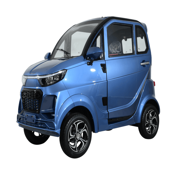 Front View Of The Green Transporter Q Express Enclosed Mobility Scooter Left Side Shown In Blue Color